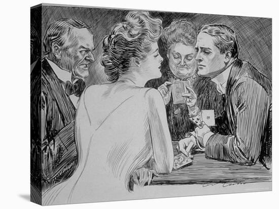 Young Man Has Trouble Concentrating on Bridge Game Because His Attention is on a Young Woman-Charles Dana Gibson-Premier Image Canvas