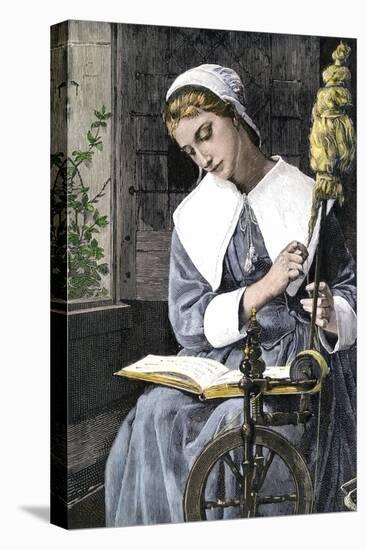 Young Puritan Woman Reading While Spinning at Her Wheel-null-Premier Image Canvas