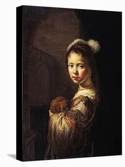 Young Woman with a Little Dog in Her Arms-null-Premier Image Canvas