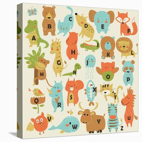 Zoo Alphabet with Cute Animals in Cartoon Style.-Kaliaha Volha-Stretched Canvas