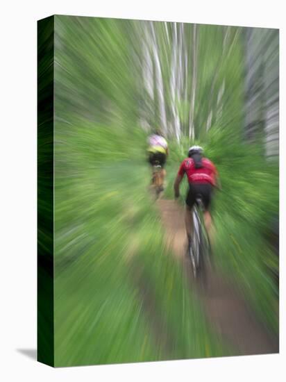Zoom Effect of Mountain Bike Racers on Trail in Aspen Forest, Methow Valley, Washington, USA-Steve Satushek-Premier Image Canvas