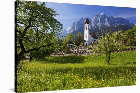 Zugspitze Village Grainau with Catholic Parish Church and Zugspitze Mountains, Germany-null-Stretched Canvas