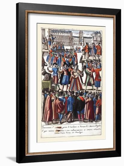 027-Cantantes & Comicos En La Plaza De San Marcos-Habiti D’Hvomeni Et Donne Venetiane 1609-Franco Giacomo-Framed Art Print