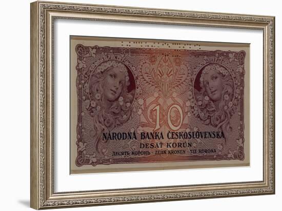 10 Crown Banknote of the Republic of Czechoslovakia, 1920-Alphonse Mucha-Framed Giclee Print