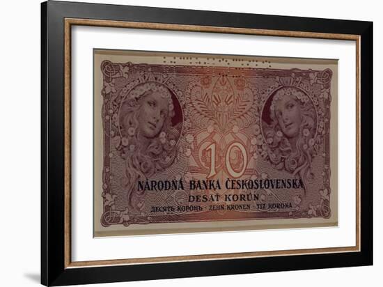 10 Crown Banknote of the Republic of Czechoslovakia, 1920-Alphonse Mucha-Framed Giclee Print