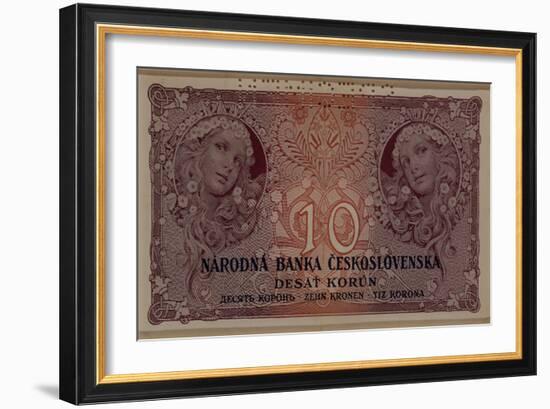 10 Crown Banknote of the Republic of Czechoslovakia, 1920-Alphonse Mucha-Framed Giclee Print