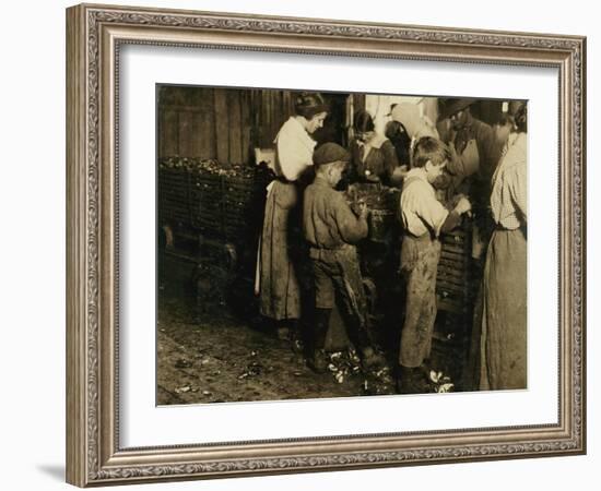 10 Year Old Jimmie Who Has Been Shucking 3 Years with an 11 Year Old Boy Who Shucks 7 Pots-Lewis Wickes Hine-Framed Photographic Print