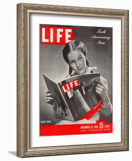 10th Anniversary Features Young Girl Reading First Issue of LIFE, November 25, 1946-Herbert Gehr-Framed Photographic Print