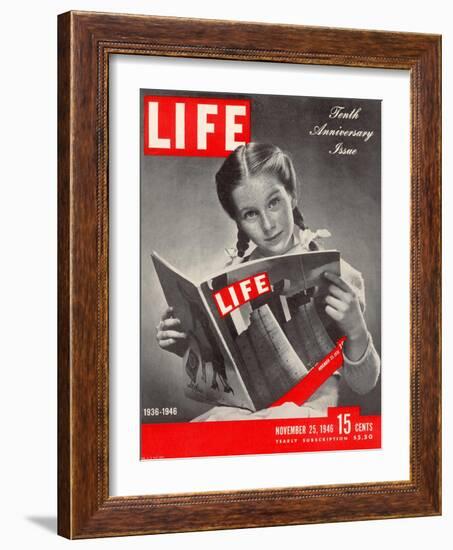 10th Anniversary Features Young Girl Reading First Issue of LIFE, November 25, 1946-Herbert Gehr-Framed Photographic Print