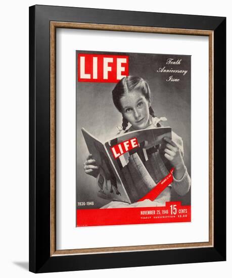 10th Anniversary Features Young Girl Reading First Issue of LIFE, November 25, 1946-Herbert Gehr-Framed Photographic Print