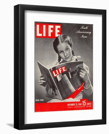 10th Anniversary Features Young Girl Reading First Issue of LIFE, November 25, 1946-Herbert Gehr-Framed Photographic Print