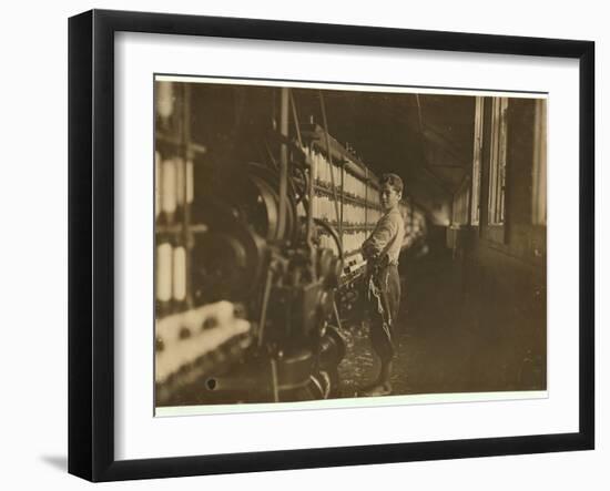 11 or 12 years old Saturday worker in the mule-spinning room at Jackson Mill, Fiskeville, RI-Lewis Wickes Hine-Framed Photographic Print