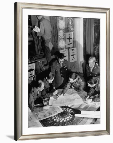 12th Air Force Commanding Officers Going over Maps, Planning Bombing Mission for El Aouina Airfield-Margaret Bourke-White-Framed Premium Photographic Print