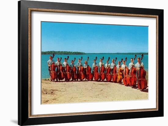 14 Double Bass Players at the Beach, Retro-null-Framed Art Print