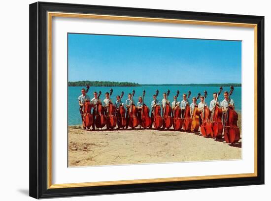 14 Double Bass Players at the Beach, Retro-null-Framed Art Print