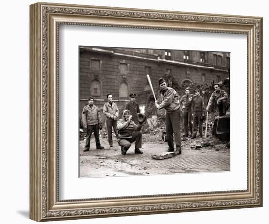 15 American Soldiers Playing Baseball Amid the Ruins of Liverpool, England 1943--Framed Photographic Print