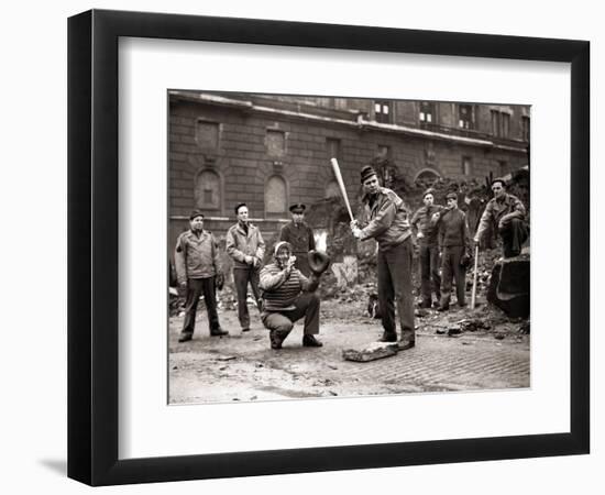 15 American Soldiers Playing Baseball Amid the Ruins of Liverpool, England 1943-null-Framed Photographic Print