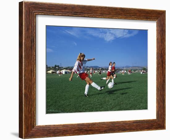 15 Year Old Girls in Action Durring Soccer Game, Lakewood, Colorado, USA-null-Framed Photographic Print