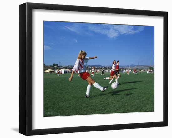 15 Year Old Girls in Action Durring Soccer Game, Lakewood, Colorado, USA-null-Framed Photographic Print