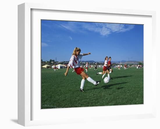 15 Year Old Girls in Action Durring Soccer Game, Lakewood, Colorado, USA-null-Framed Photographic Print