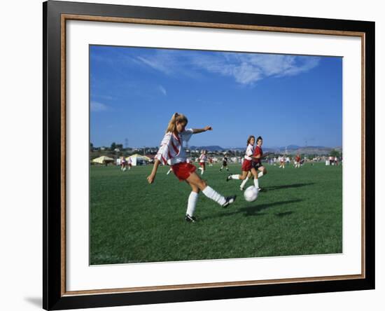 15 Year Old Girls in Action Durring Soccer Game, Lakewood, Colorado, USA-null-Framed Photographic Print