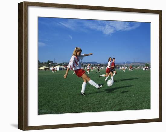 15 Year Old Girls in Action Durring Soccer Game, Lakewood, Colorado, USA-null-Framed Photographic Print