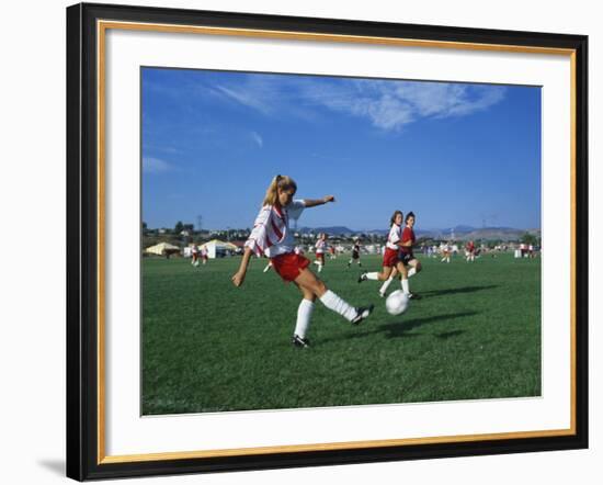 15 Year Old Girls in Action Durring Soccer Game, Lakewood, Colorado, USA-null-Framed Photographic Print