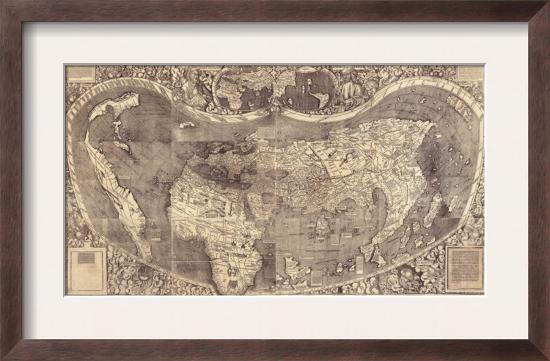 1507 World Map Incorporating Columbus' Discovery of New Lands, Using the Name, America-null-Framed Art Print