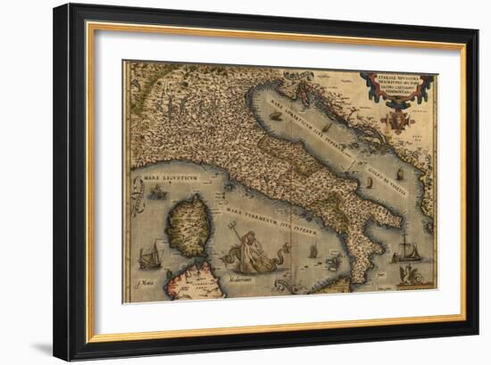 1570 Map of Italy from Abraham Ortelius Atlas, Theatrvm Orbis Terrarvm-null-Framed Art Print