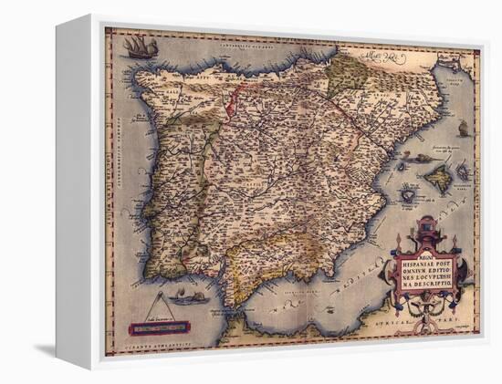 1570 Map of Spain, from Abraham Ortelius' Atlas, Theatrvm Orbis Terrarvm-null-Framed Stretched Canvas