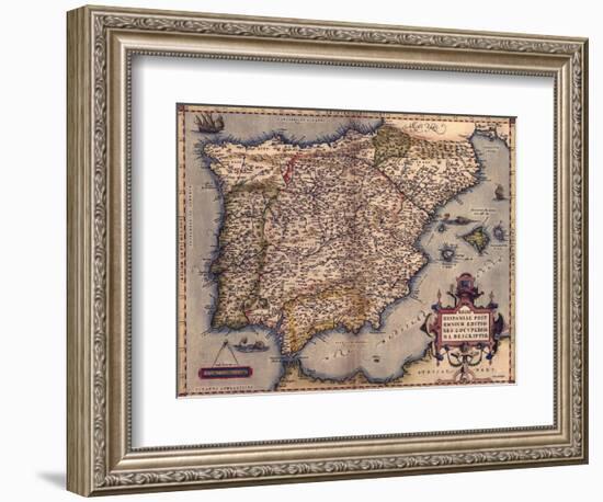 1570 Map of Spain, from Abraham Ortelius' Atlas, Theatrvm Orbis Terrarvm-null-Framed Art Print