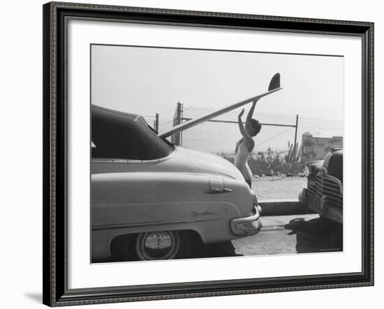 16 Year Old Surfer Kathy Kohner While Loading Board Into Family Car-Allan Grant-Framed Premium Photographic Print