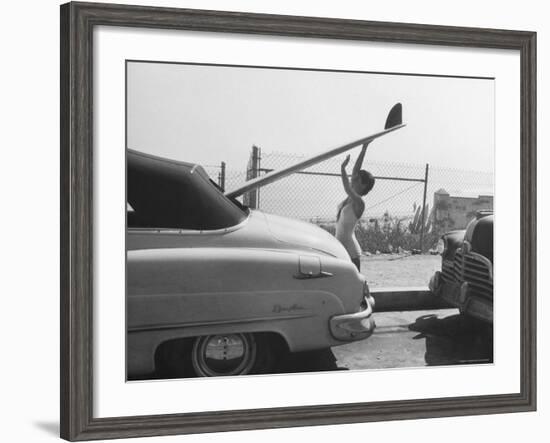 16 Year Old Surfer Kathy Kohner While Loading Board Into Family Car-Allan Grant-Framed Premium Photographic Print