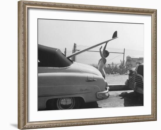 16 Year Old Surfer Kathy Kohner While Loading Board Into Family Car-Allan Grant-Framed Premium Photographic Print