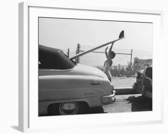 16 Year Old Surfer Kathy Kohner While Loading Board Into Family Car-Allan Grant-Framed Premium Photographic Print