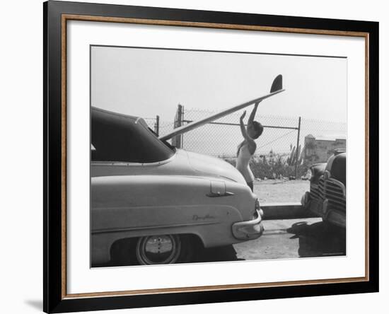 16 Year Old Surfer Kathy Kohner While Loading Board Into Family Car-Allan Grant-Framed Premium Photographic Print