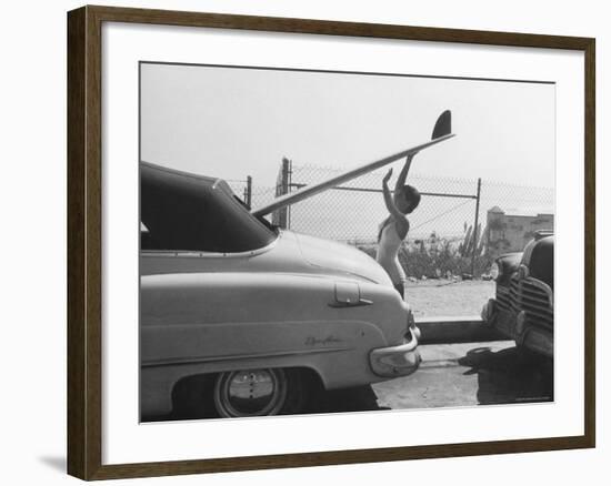 16 Year Old Surfer Kathy Kohner While Loading Board Into Family Car-Allan Grant-Framed Premium Photographic Print