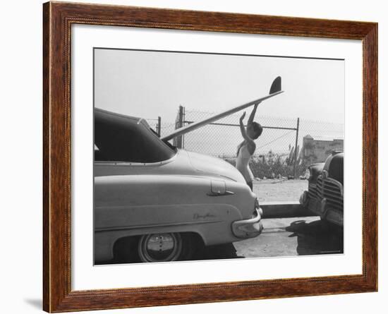 16 Year Old Surfer Kathy Kohner While Loading Board Into Family Car-Allan Grant-Framed Premium Photographic Print