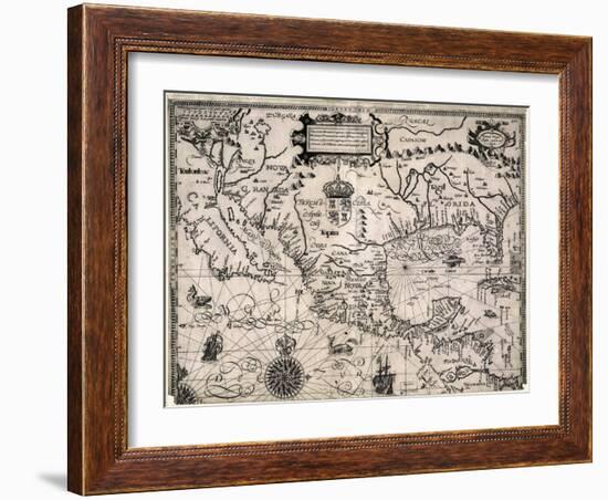 1600 Map of Spanish Territories in North America, Including Mexico, Cuba, California, and Florida-null-Framed Art Print