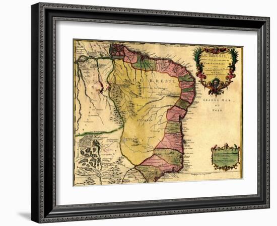 1719 Map of Brazil, Showing Geographic Definition on the Coast-null-Framed Art Print