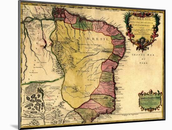 1719 Map of Brazil, Showing Geographic Definition on the Coast-null-Mounted Art Print