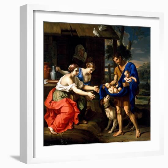 17th century painting of the shepherd Faustulus presenting infants Romulus and Remus to his wife.-Vernon Lewis Gallery-Framed Art Print