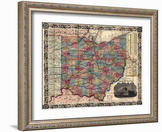 1854, Ohio State Map Township and Railroad Map, Ohio, United States-null-Framed Giclee Print