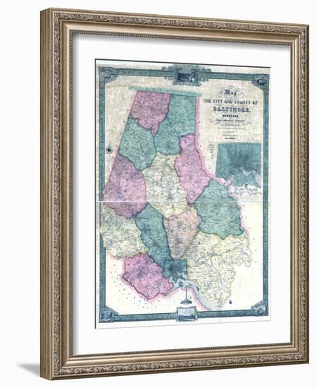 1857, Baltimore County Wall Map, Maryland, United States-null-Framed Giclee Print