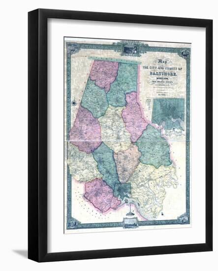 1857, Baltimore County Wall Map, Maryland, United States-null-Framed Giclee Print