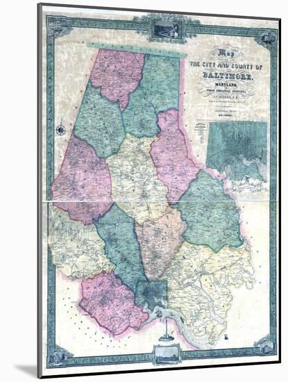 1857, Baltimore County Wall Map, Maryland, United States-null-Mounted Giclee Print