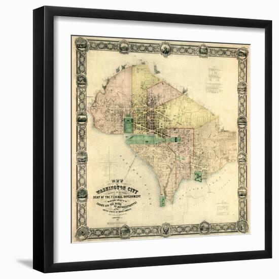 1857, Washington D.C. Wall Map, District of Columbia, United States-null-Framed Giclee Print