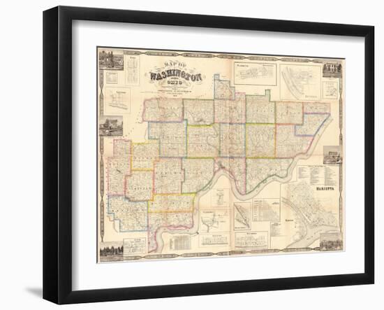 1858, Washington County and Marietta Wall Map, Ohio, United States-null-Framed Giclee Print