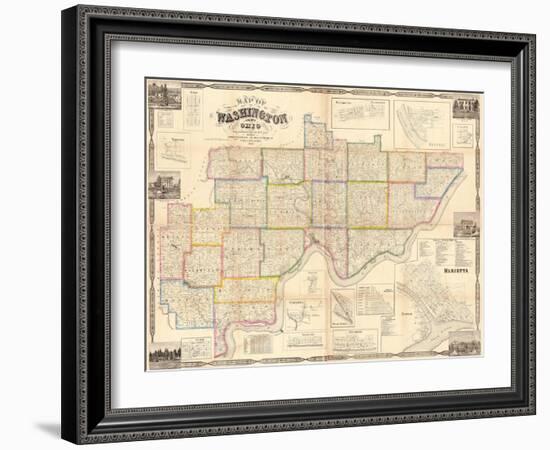 1858, Washington County and Marietta Wall Map, Ohio, United States-null-Framed Giclee Print