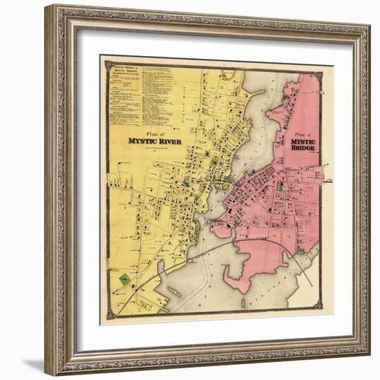 1868, Mystic River Map, Mystic Bridge Map, Connecticut, United States-null-Framed Premium Giclee Print